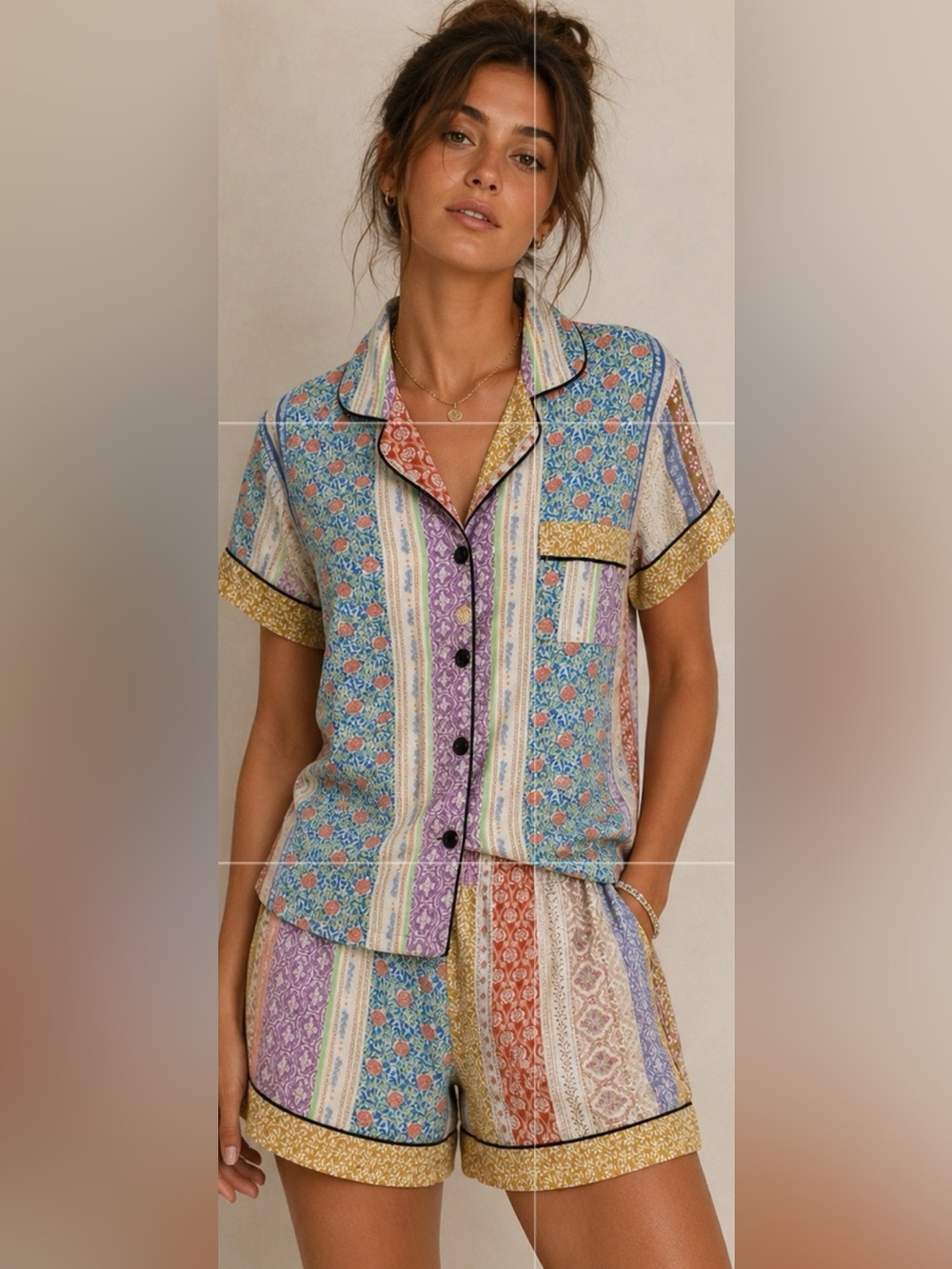 Boho Patchwork Pajama Lounge Set Floral Stripe